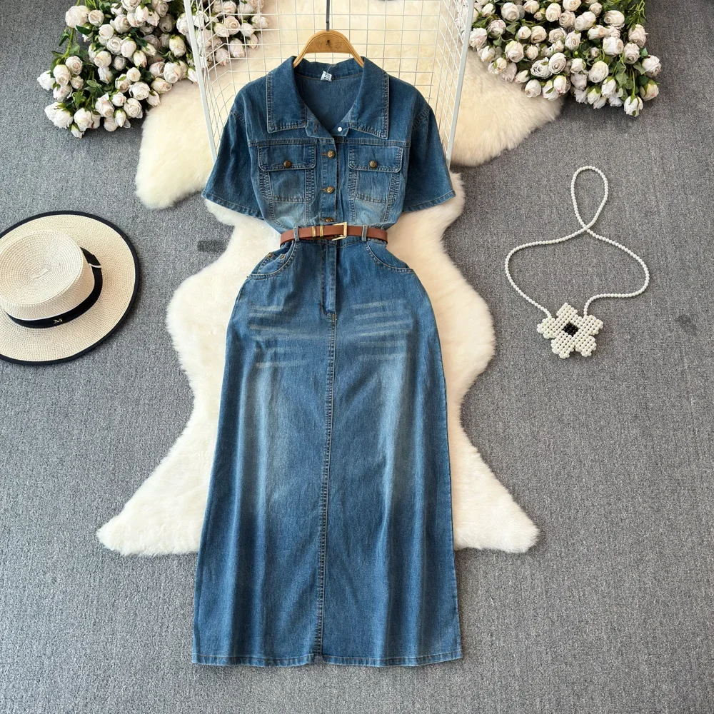 

Retro Hong Kong-style Short-sleeved Denim Dress. A New Mid-length Dress with A High-end and Elegant Style for Women in Summer