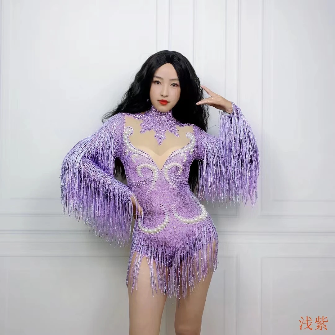 Yanhui-Sexy Strass borlas Bodysuit, Traje De Dança, Discoteca Desgaste, Pérola Collant, Desempenho, Cantor, Dançarino, Palco Mostrar