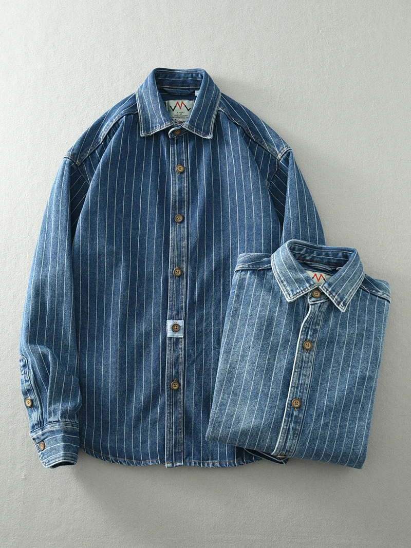 Spring And Summer New American Retro Men\'s Striped Washed Make Old Casual Denim Shirt Fashion Trend Loose Casual Tops