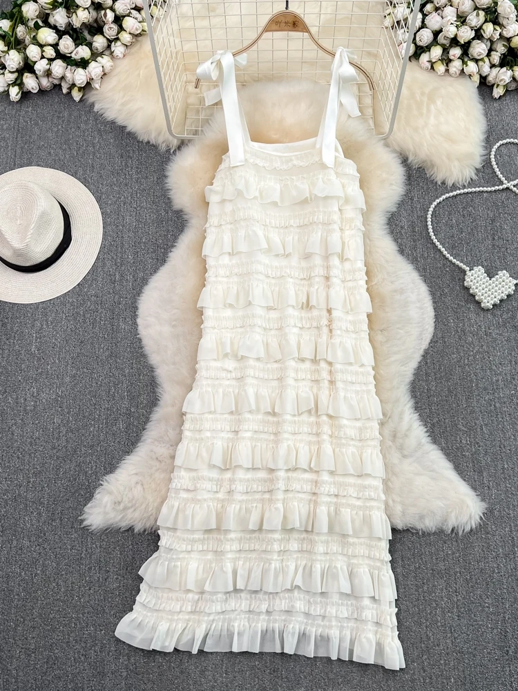 Gentle Breeze Pure Desire Wooden  Ruffle Strapl Dr Beach Vaion Loose A-Line Cake Skirt High Waist Summer Dr