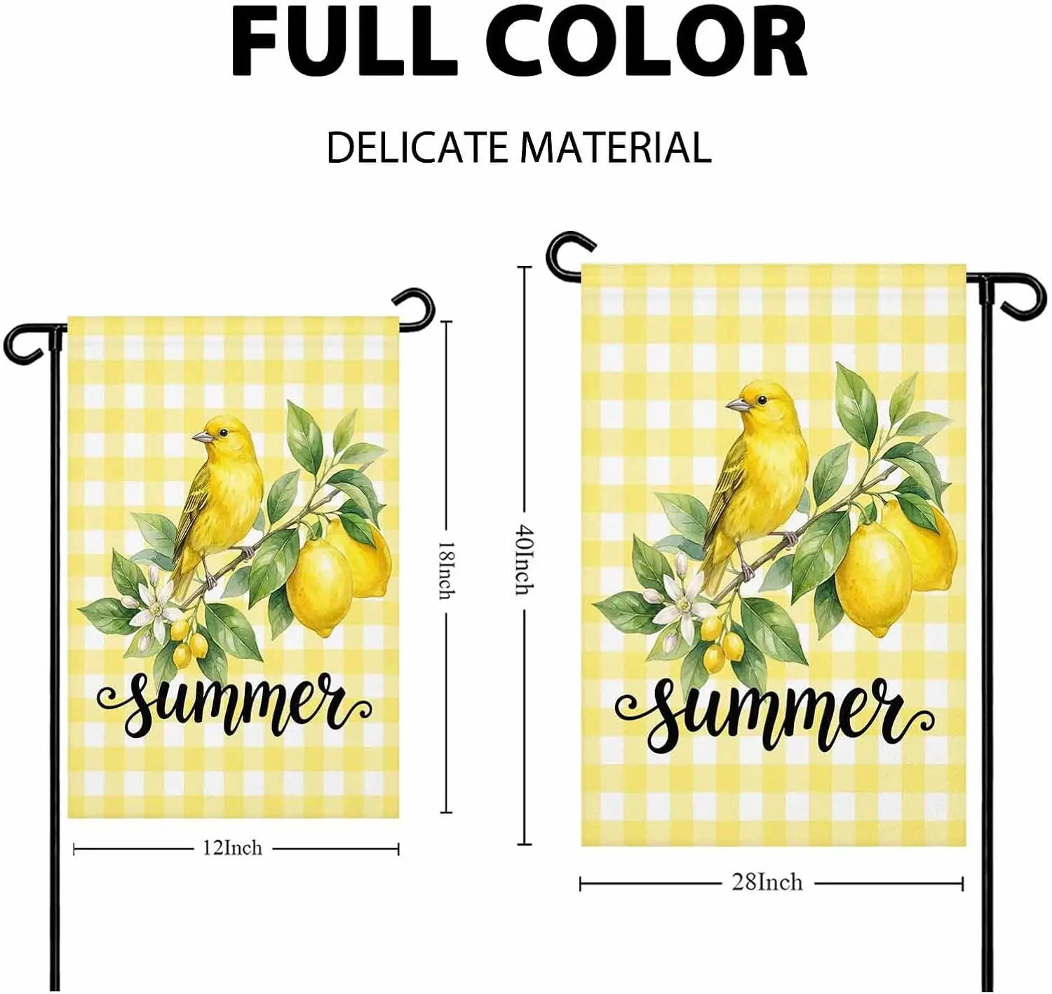 Garden Flag Summer Farm Lemons Birds,Welcome House Flags for Outdoor Yard Porch, Yellow White Check Double Sided Holiday Ban ZZM