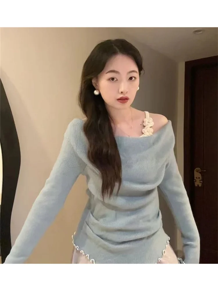 

Romantic Aosphere Blue Knitted irt Women's Faionable New Sle Spring Season Casual Slim Fit oulder Design Sweater