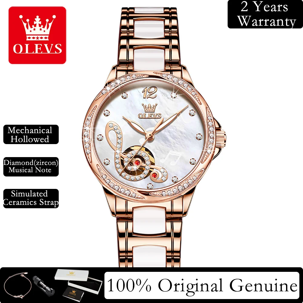 OLEVS Women's Watches Top Luxury Original Mechanical Watch Fashion Ceramic Strap Elegant Diamond Note Women Automatic Watch 6656