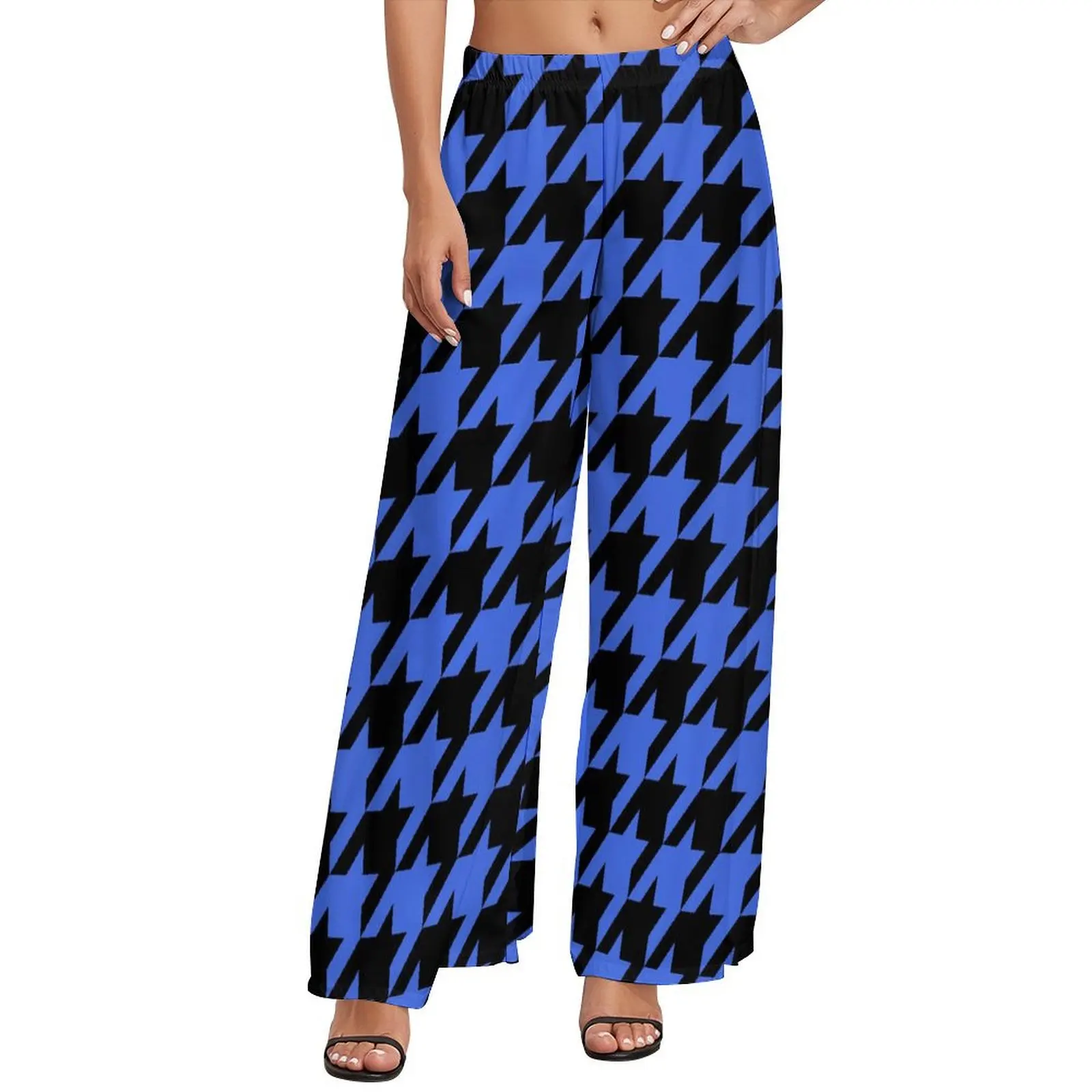 Pantalon droit pied-de-poule bleu pour femme, imprimé vintage, pantalon chimlarge, motif de style de rue