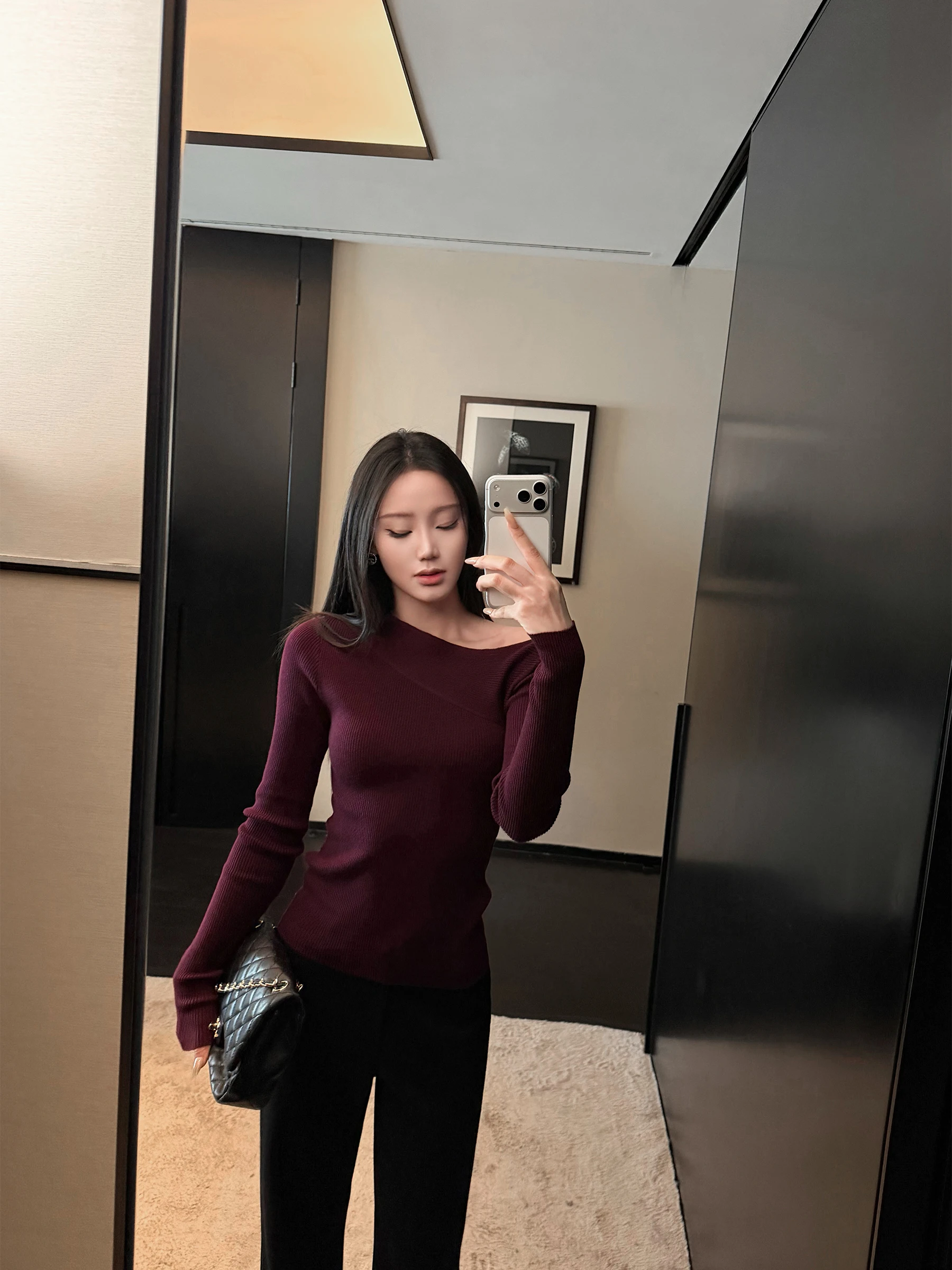 

Ele Sister's Slant oulder T-irt Wool Blend Knitted Uneven Design Ladies Faion Winter Long Sve Crew Ne Top