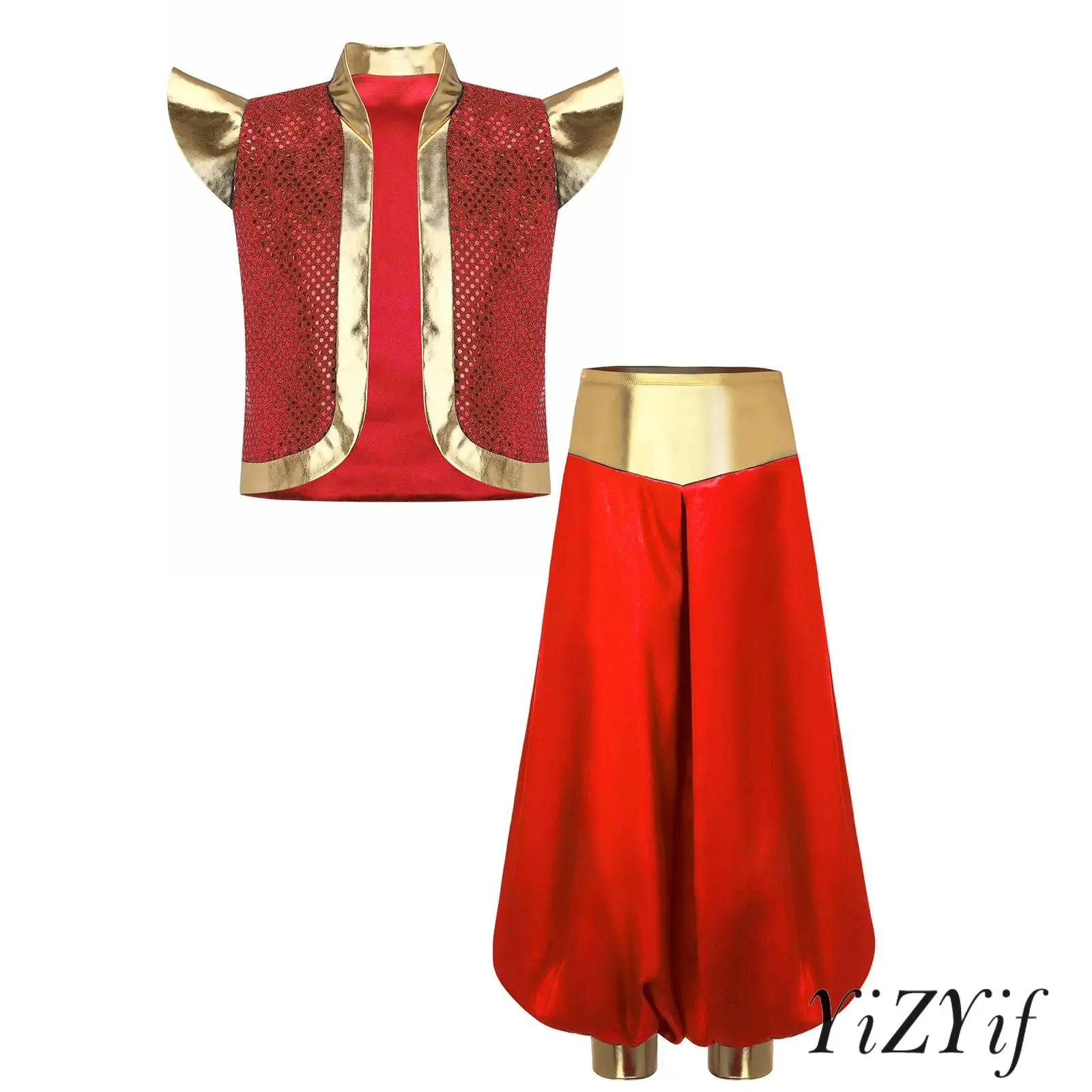 

Kids Boys 2 Pieces Arabian Cosplay Costumes Sequins Metallic Arabian Vest Stand Collar Shoulder Pads Vest with Loose Pant Set
