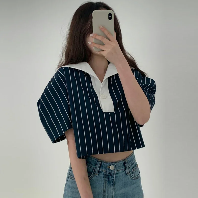 Neploe Korean Chic Vintage Reduced Age Contrast Navy Collar Blouses 2024 Summer Femme Loose Versatile Puff Sleeve Stripe Shirt