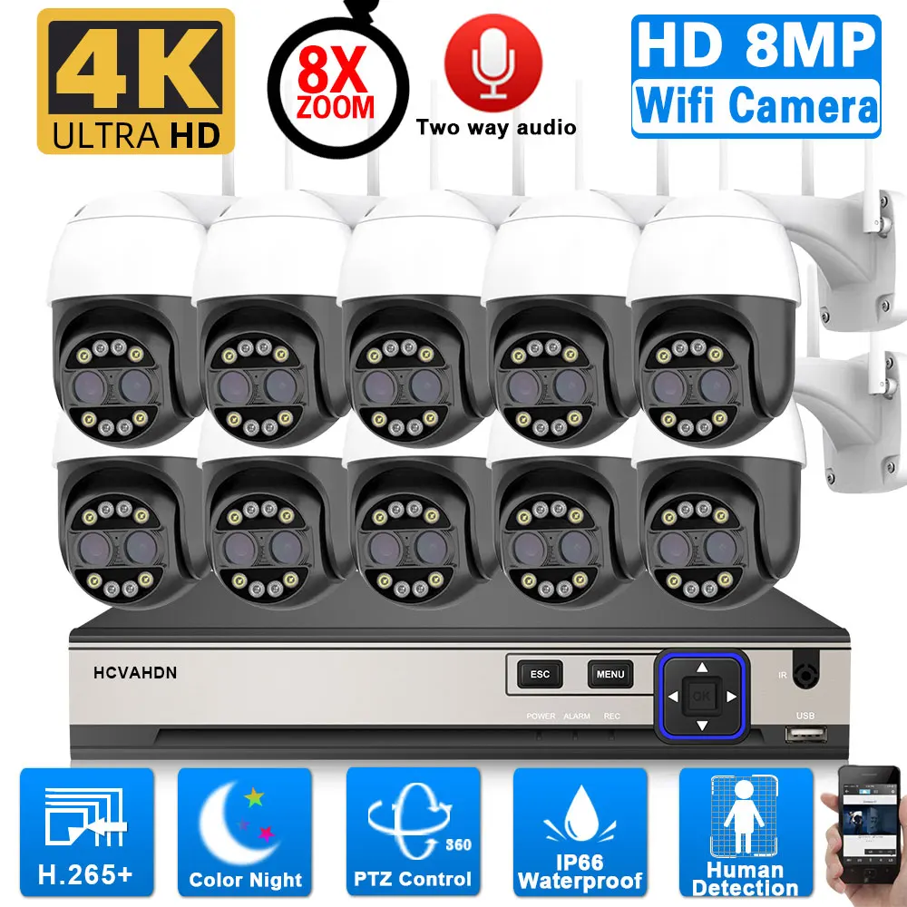 

8X Zoom 4K Wifi PTZ IP Camera with 10CH 8MP POE NVR System Color Night Vision CCTV Security Surveillance Camera Kit 8CH NVR Kit