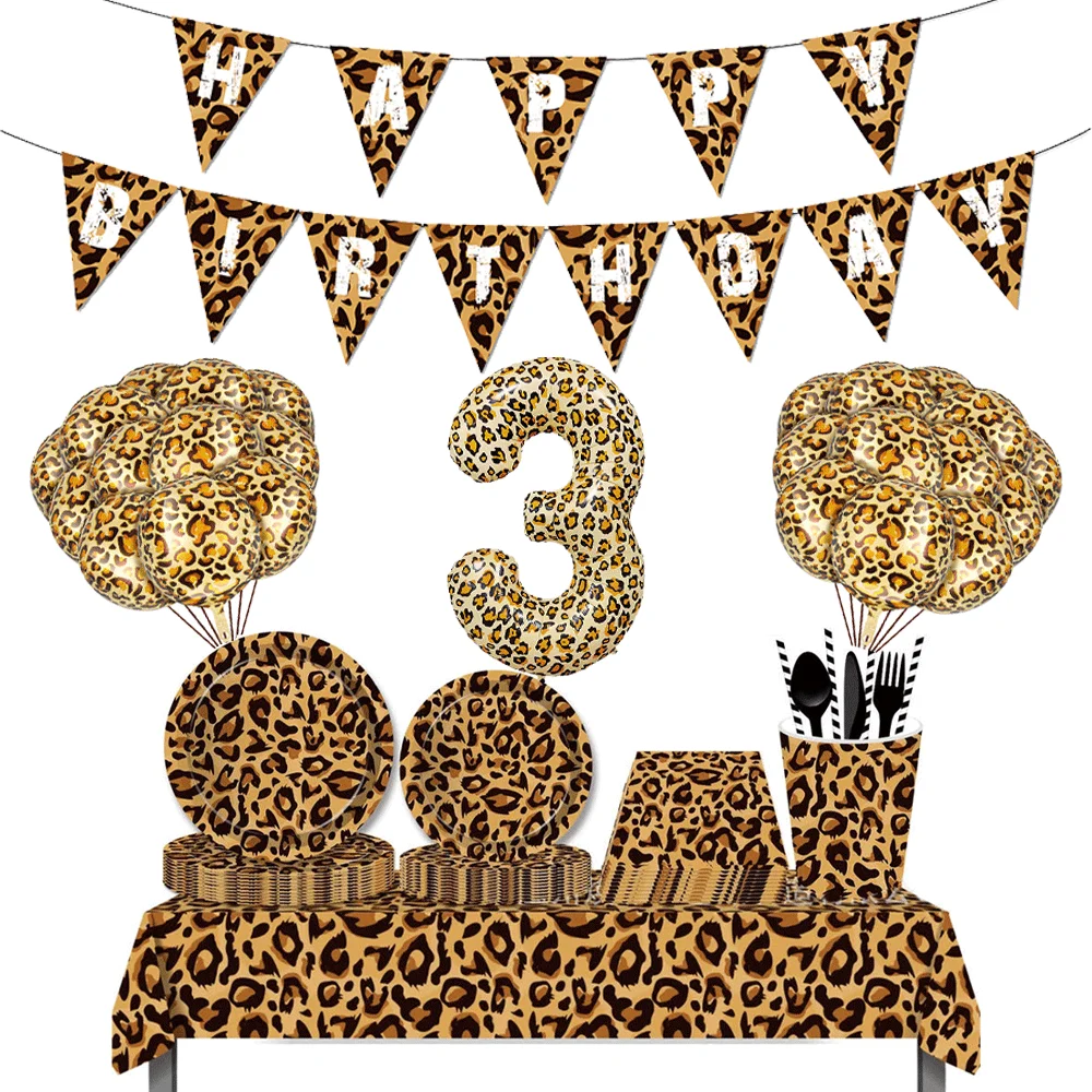 Woodland Animals Ballon Tiger Zebra Giraffe Leopard Disposable Tableware Kids Jungle Safari Birthday Party Decoration Flagbanner