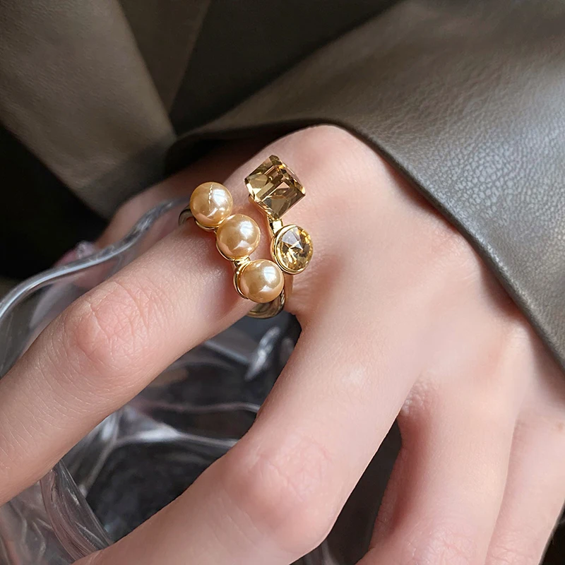 2024 neue Champagner Quadrat Kristall Imitation Perle Metall Offene Ringe Hochzeit Party Mode Schmuck Luxus Zubehör für Frauen – Detail 6