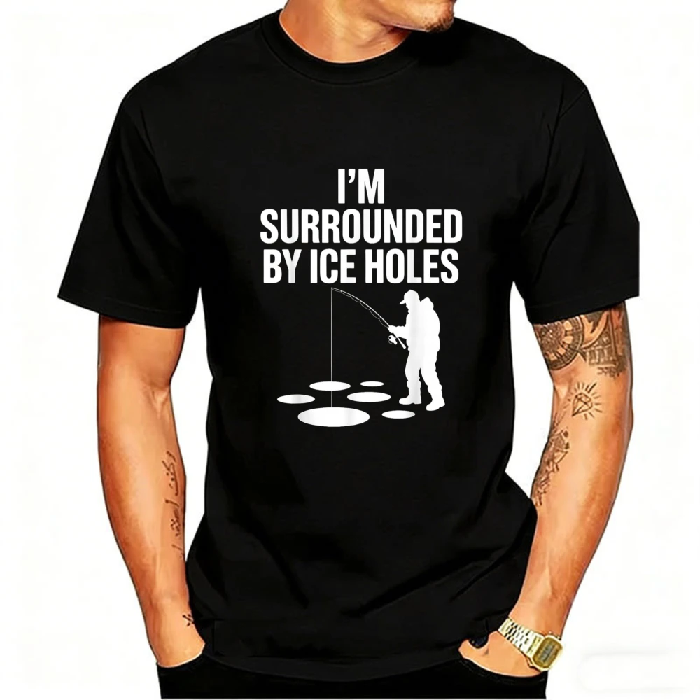 Ice Fishing T-Shirt Men I'm Surrounded By Ice Holes Funny Silhouette Graphic Tee Short Sleeve Crew Neck White Design Gift Casual
