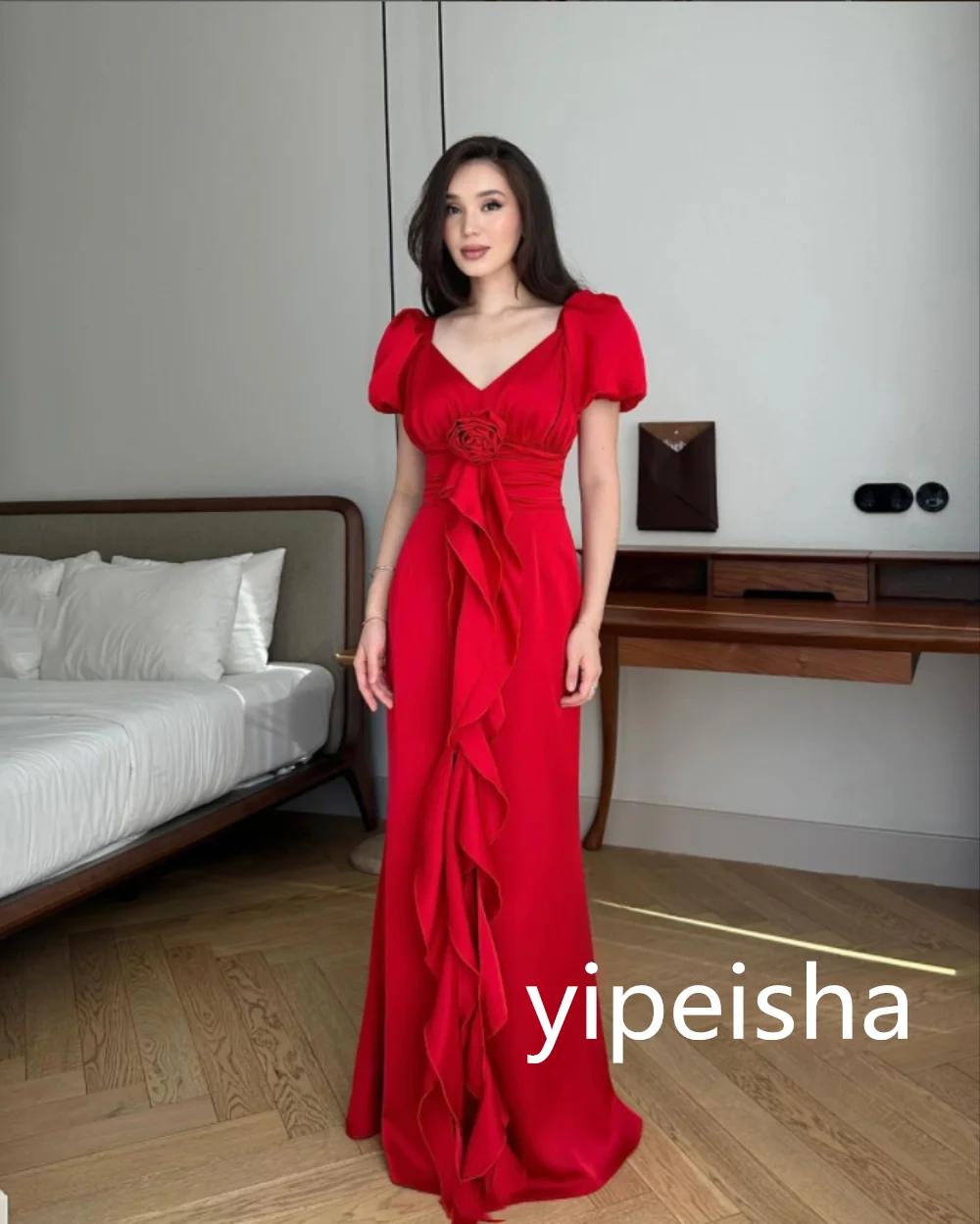 Customized Mermaid V-neck Flowers Prom Gowns Jersey Floor-Length Red Cocktail Dresses فساتين للمناسبات الخاصة  Party Dresses