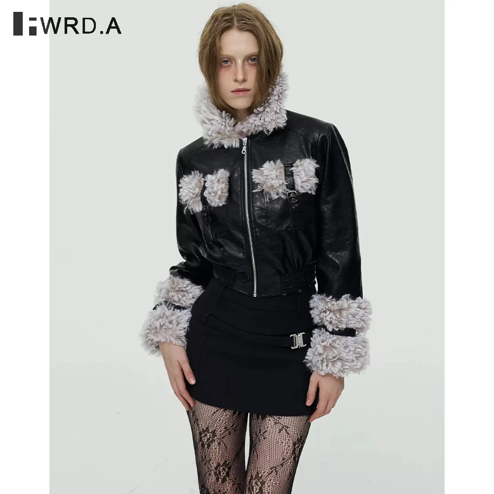 

FWRD Стеганая куртка из искусственной кожи из искусственного меха Женское короткое дизайнерское пальто с кудрявым меховым воротником и отложным лацканом # FWRD6068