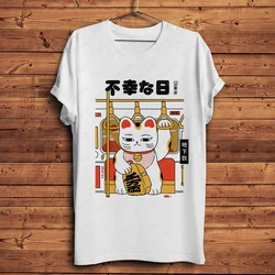 Japanese Fortune Cat Maneki Neko No Lucky Day Funny Anime Tshirt Men Summer White Casual Short Sleeve Unisex Streetwear Shirt
