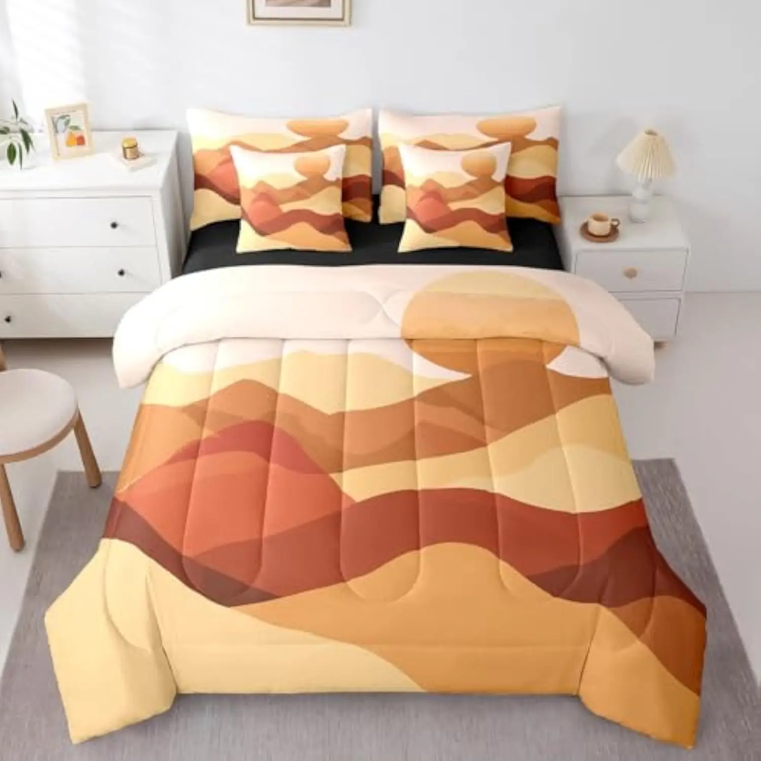 

Geometric Mountain Queen Comforter Set 7-Piece Rustic Farmhouse Bedding Comforter Sets Abstract Art Bed in a Bag Mid Century M