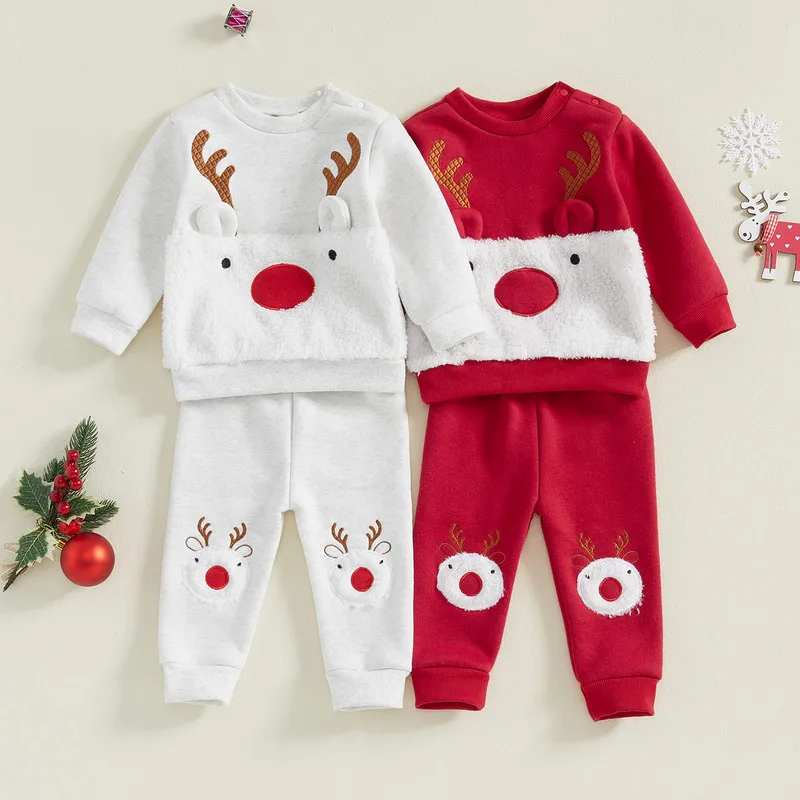 

RUEWEY 0 to 3 Years Christmas Baby Girl Boy Pant Sets Reindeer Embroidery Long Sleeve Sweatshirt with Elastic Waist Pants