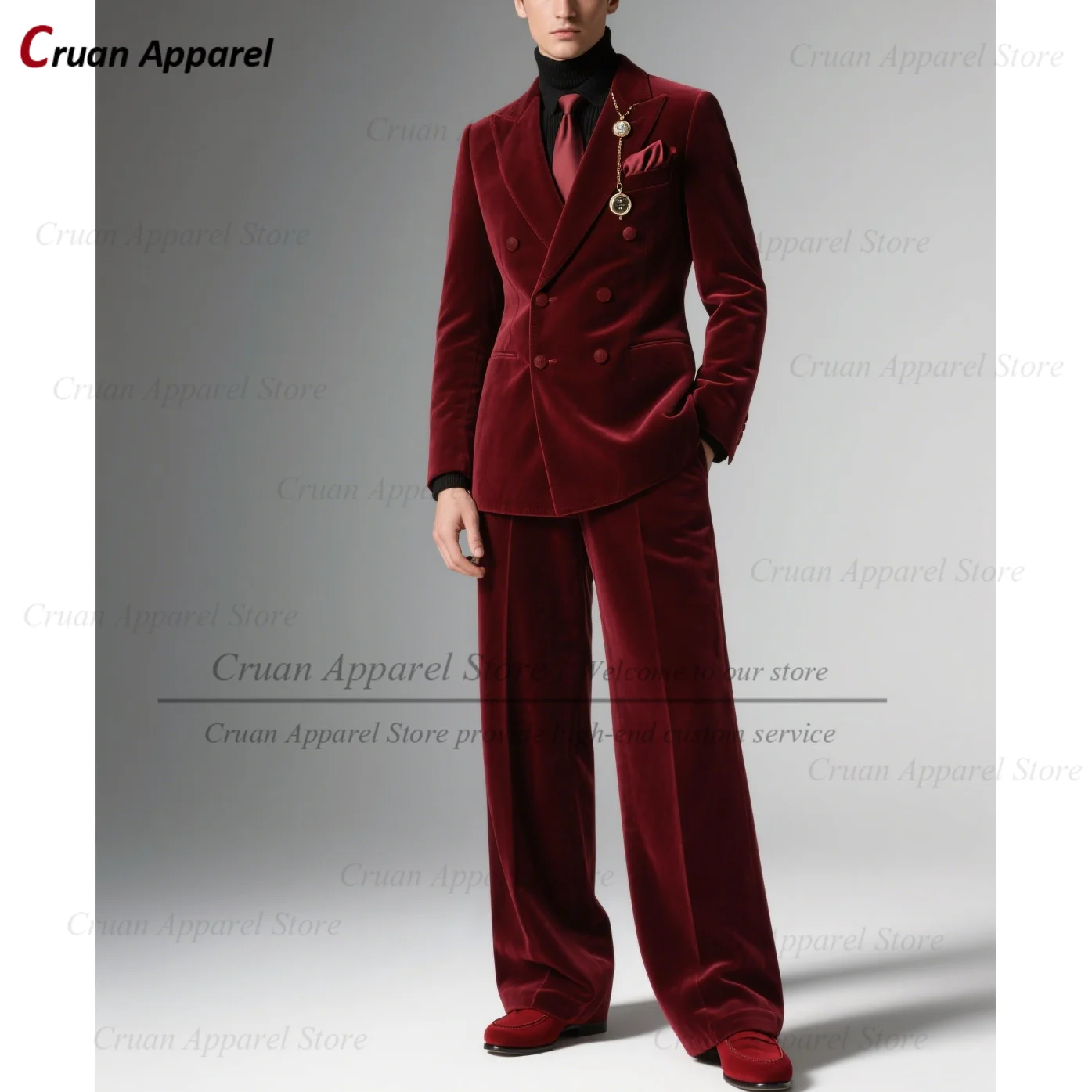 Mode hommes bordeaux velours costume ensembles Banquet de mariage personnalisé Groomsman élégant cou