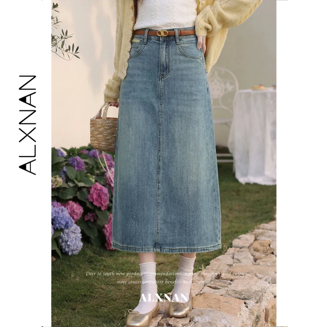 

ALXNAN Blue Long Skirt Women Summer High Waist Back Slit Midi Denim Skirts 2026 Vintage Casual Elegant Fashion Clothing L63259A