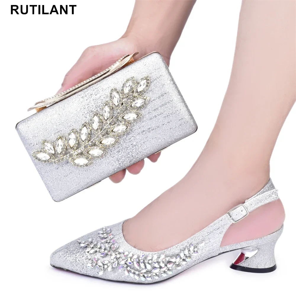 New Design African Women Matching Shoes and Bag Set Decorated with Rhinestone Luxery Shoes Women Wedding Shoes for Women Bride