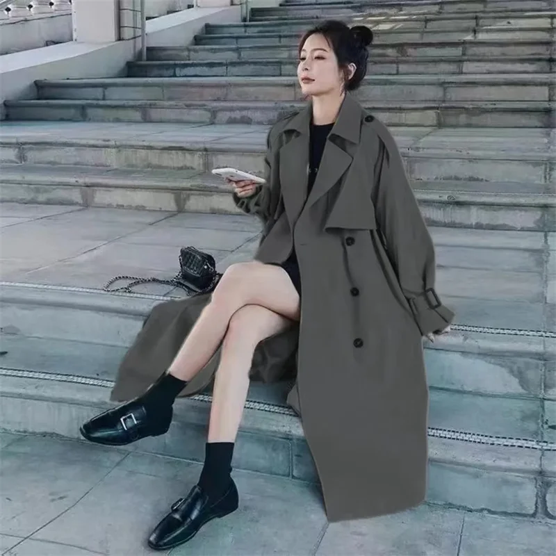 ใหม่StreetwearหลวมTrench Coatผู้หญิงกลางยาวแฟชั่นเกาหลีElegantสีกากีWindbreaker Coat Casual Double Breastedหญิงเสื้อ