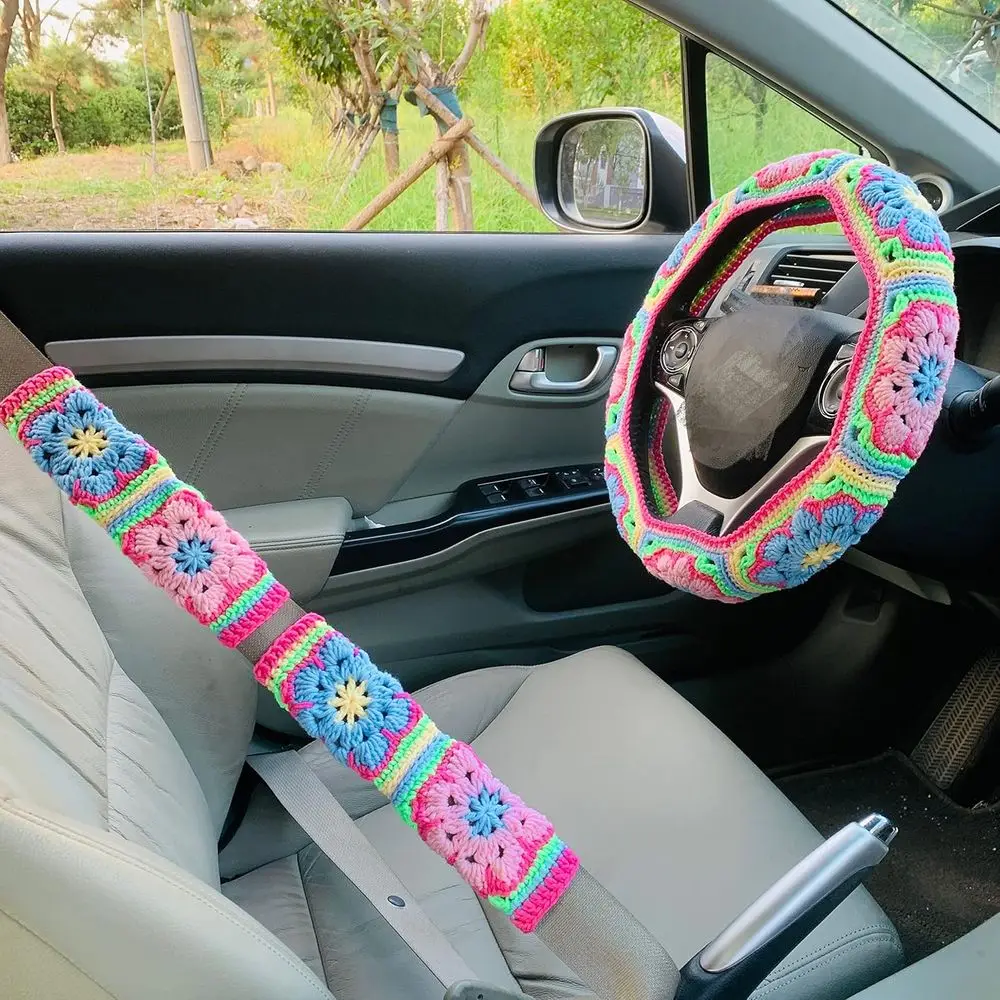

Handmade Crochet Steering Wheel Cover, Cute Colorful Seat Belt Covers, Car Interior Decorations