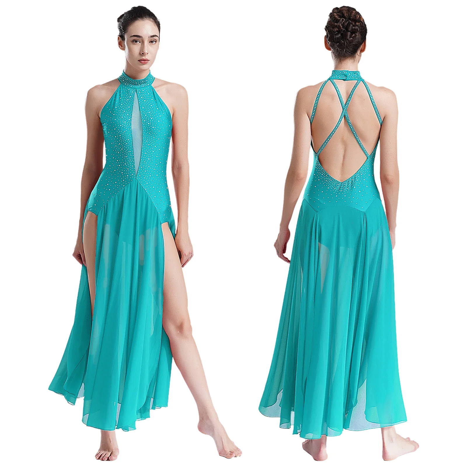 

Women Rhinestones Lyrical Dance Dress Split Ballet Gymnastics Leotard Maxi Dresses Modern Dance Performance Competition Costumes