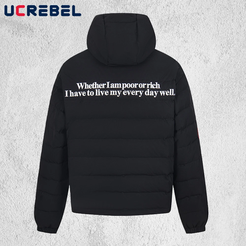 

Letter Embroidery Padded Jacket Mens Drawstring Hem Winter High Street Long Sleeve Thick Hooded Outerwear Man