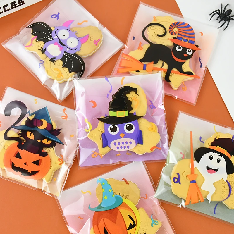 100pcs Halloween Candy Bags Pumpkin Ghost Bat Trick Or Treat Biscuit Gifts Packaging Self Sealing Bag Kids Halloween Party Decor