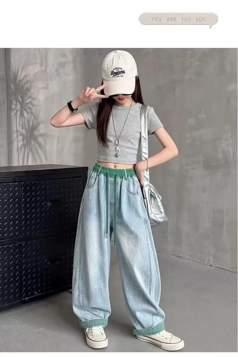 UNITIM 4-14 Jahre Mädchen-Jeans, Sommer, dünn, atmungsaktiv, für Kinder, Mädchen, Denim-Hose, lässig, gespleißt, für Junior-Mädchen, Hose mit weitem Bein – Detail 8