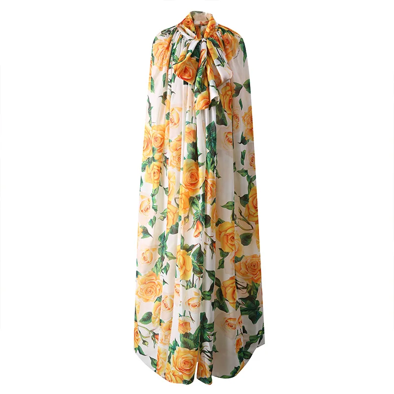 Women Elegant Yellow Rose Print Long Party Capes Fashion Scarf Bow Cloak New Shawl Coat Collection 2024 Trendy Wrap Cover-up