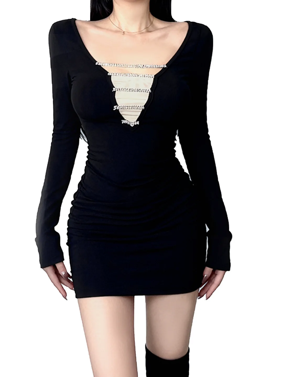 New Spring Autumn Sexy Rhinestone Long Sleeve Bodycon Mini Dress Women Cutout Tight Club Party Dress Layering Bottoming Dresses