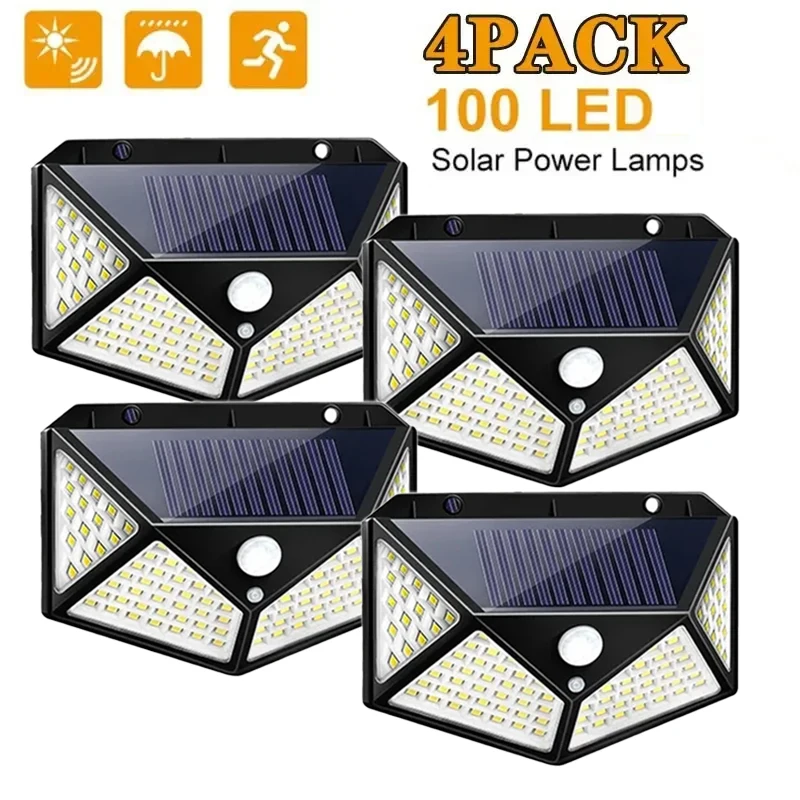 100 LED Solar Wall Lights 1/2/4Pcs Outdoor Solar Lamp PIR Motion Sensor Solar Powered Sunlight Street Light for Garden Light