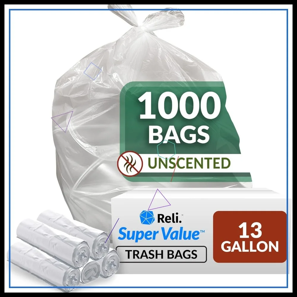 

13 Gallon Trash Bags, 1000 Count Bulk, Tall Kitchen Size, Clear Multi-Use Garbage Can Liners
