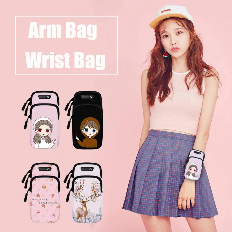 

QUESHARK Cartoon Lovely Printing Full Vitality Running Mobile Phone Arm Bag Outdoor Sports Waterproof Large capacity Wrist Bag
