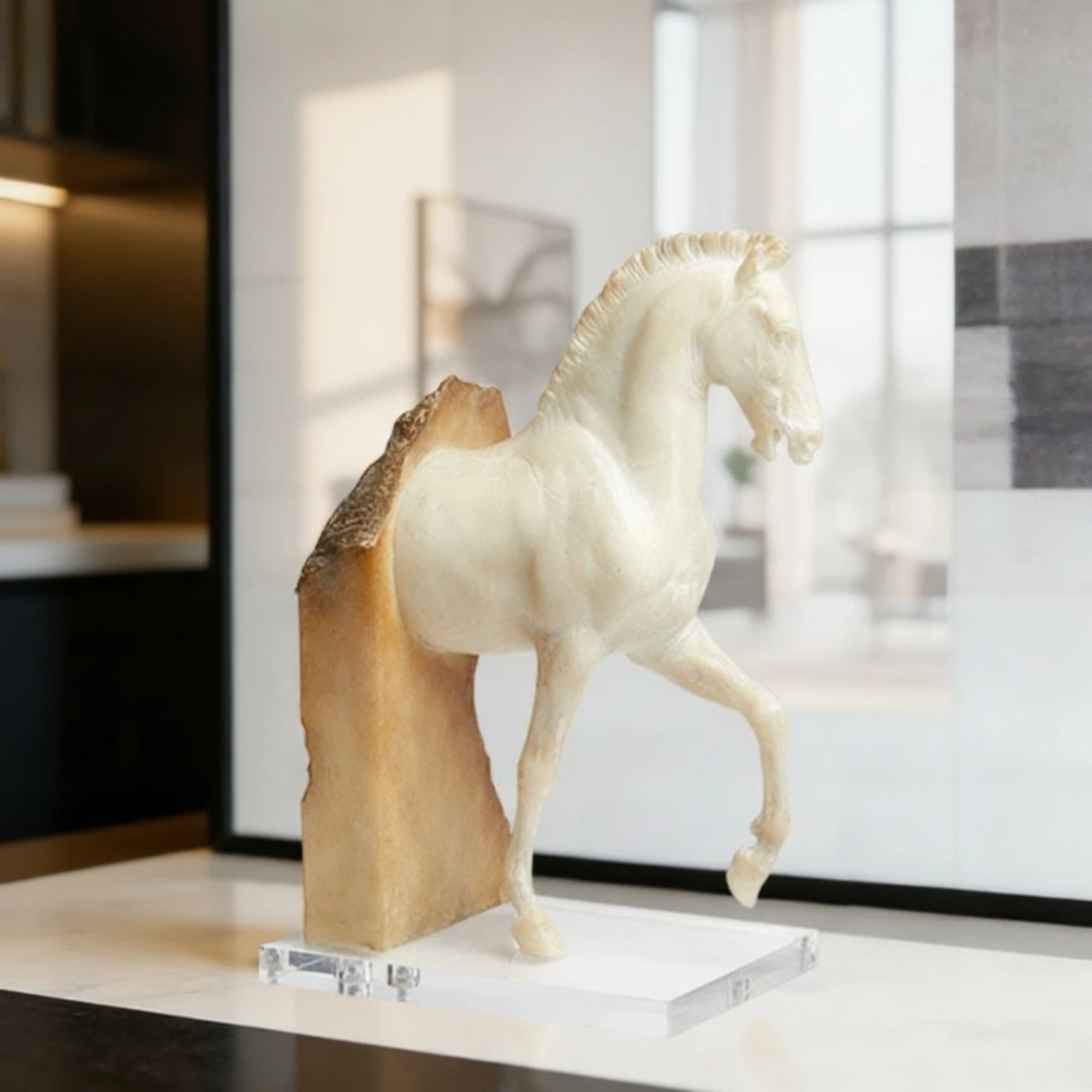 Horse Sculpture with Acrylic Base Artistic Horse Sculpture Figurine Noble Tabletop Ornament Polished for Interior Designers