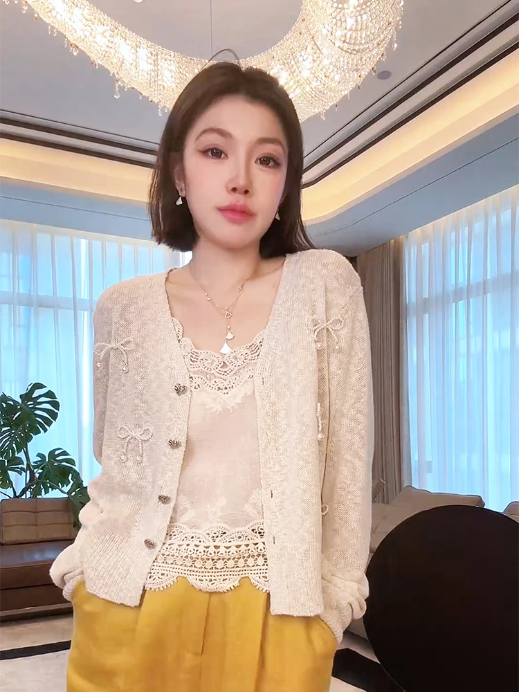 

Soft V-ne Knitted Sweater with Button Knot Mixed Wool Blend Long Sve Mid-length Cardigan for Women ME【MM】