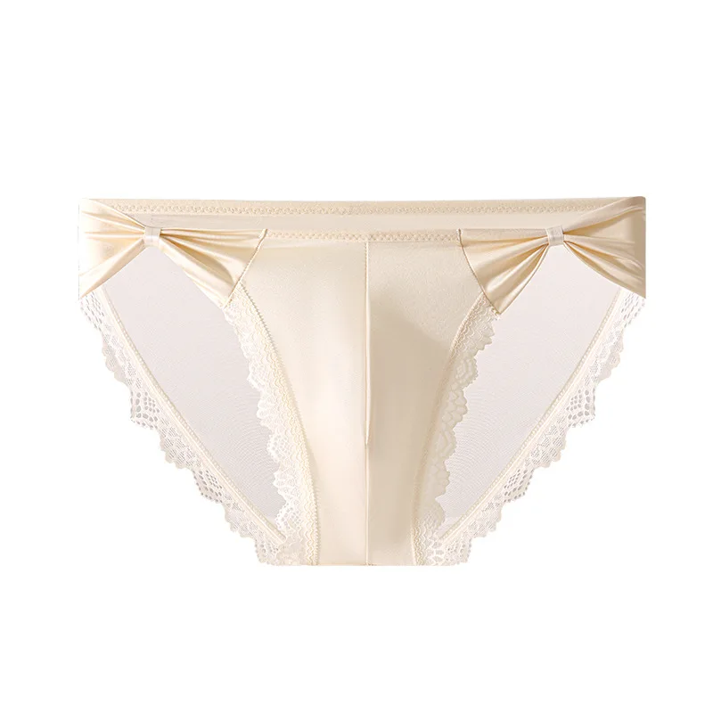 Men's Sexy Briefs High Fork Sissy Lingerie Bow Lace Ice Silk Panties U Convex Pouch Sissy Underwear See Through Underpants