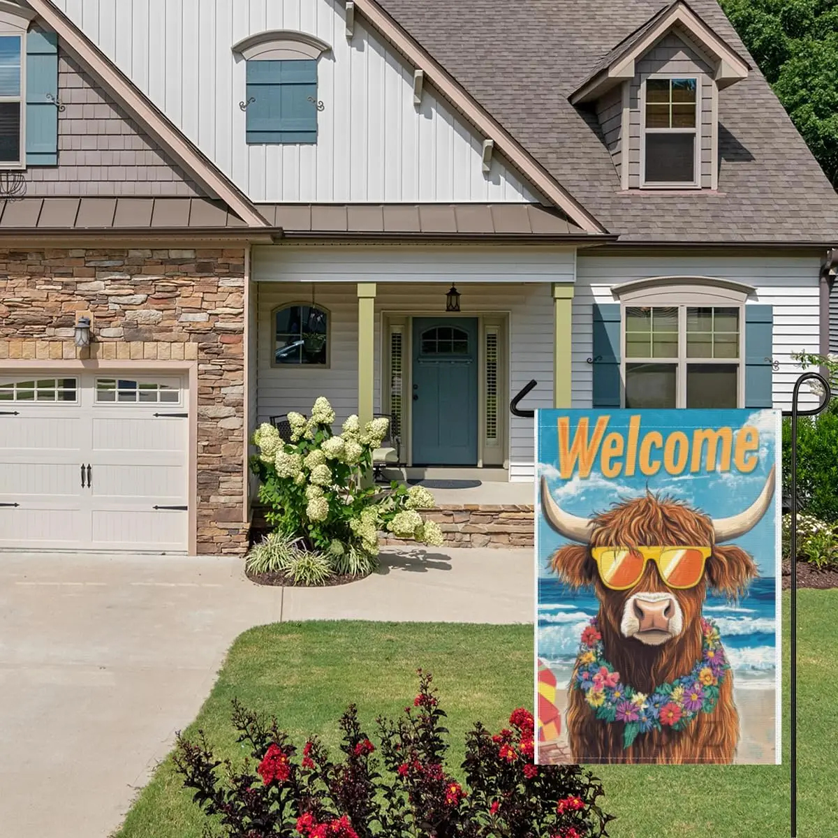 Hello Summer Highland Cow Garden Flag 28x40 Double Sided Hawaii Tropical Beach Holiday Ocean Sea Yard Small Banner for Seaso GGX