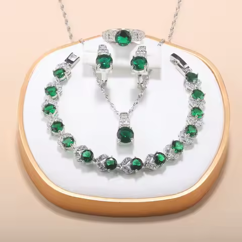 AAA+ Quality Green Jewelry Sets Silver 925 Trendy Women Dress Wedding Costume Necklace And Earrings Bridal Sets Adjustable Ring
