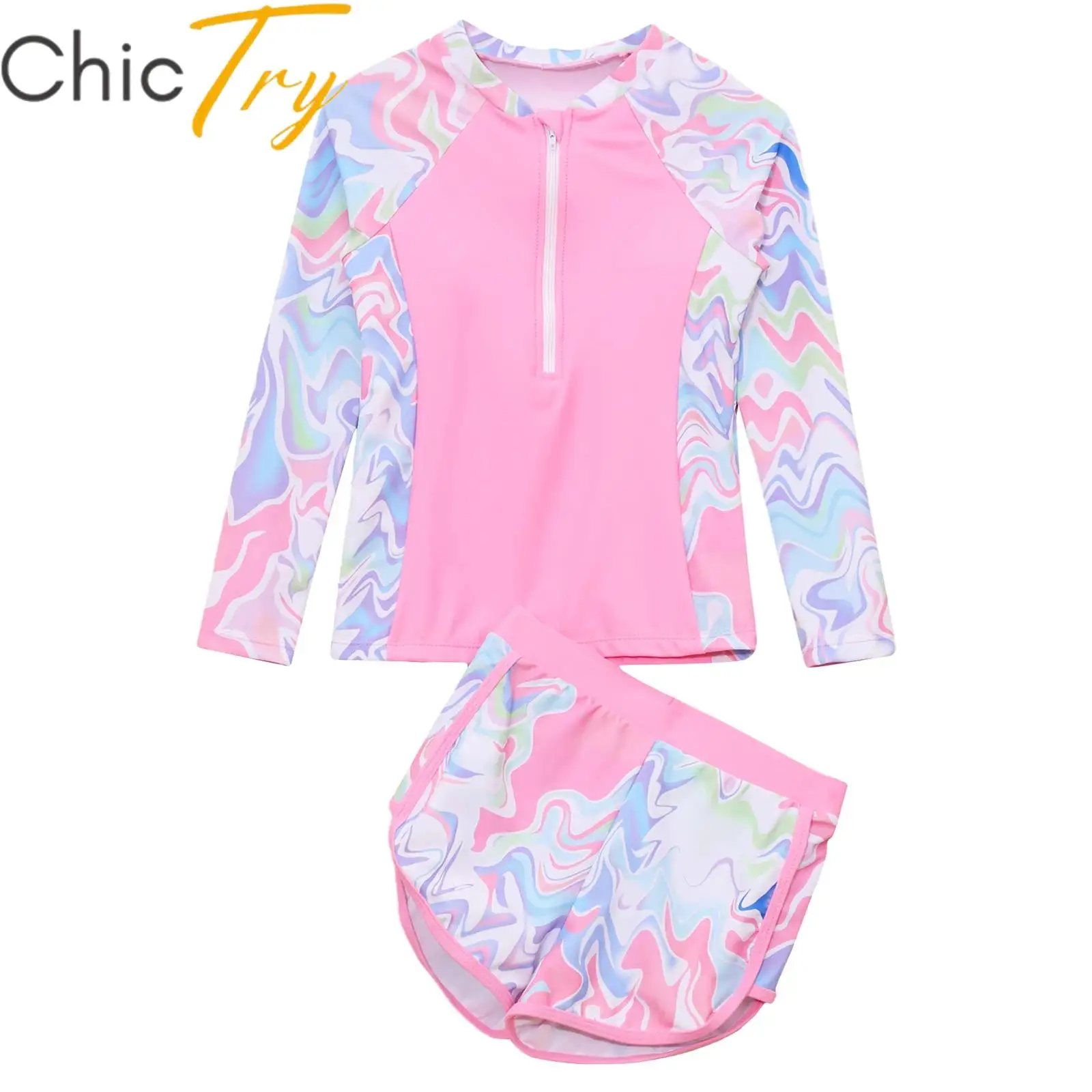 

Kids Girls Swim Sets Printed Swimsuit Swimwear Bathing Suits Long Sleeve Removable Chest Pads Tops with Shorts Beachwear Outfit