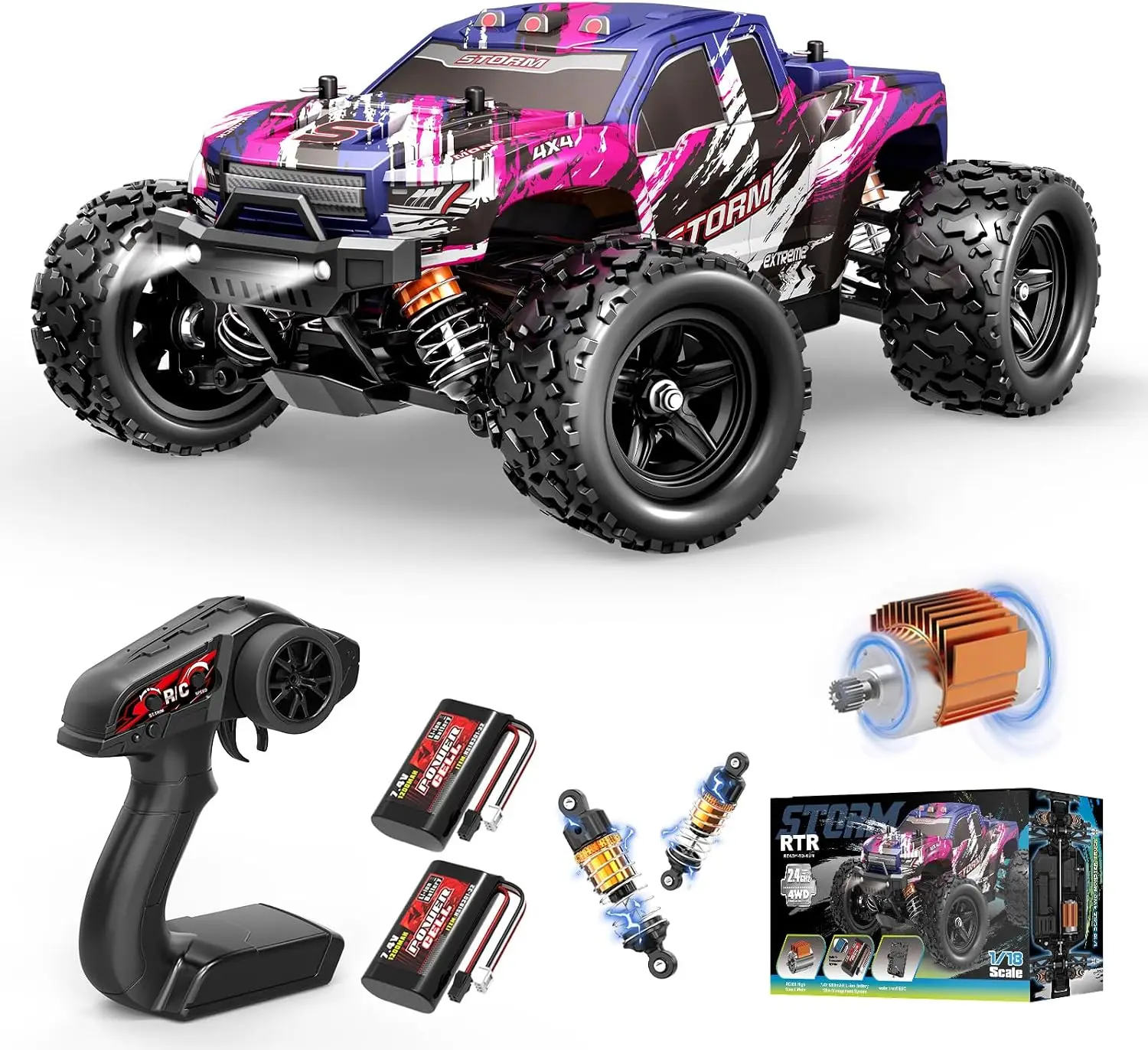 Girls' Pink RC Car, 1:18 Scale Fast Remote Control Monster Truck with 40+ KM/H Speed, 4WD Off-Road RC Truck, Dual Rechargeable Batteries, Toys Gift for 8 9 10 11 12 Year Old Girls