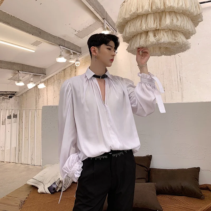 

Men Long Puff Ruffles Sleeve BF Gothic Palace Vintage Blouse Bat Style Folds Gentleman Victorian Elegant Fashion Tops Shirts