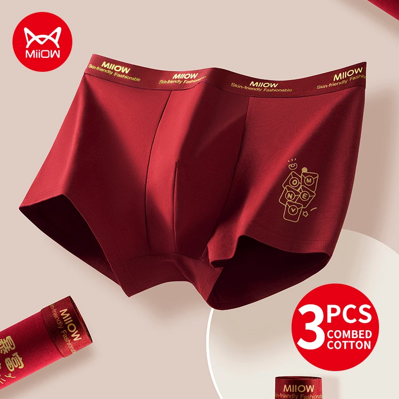 

MiiOW 3Pcs Cotton Men Underwear Lucky Red Print Men's Panties 10A Antibacterial Crotch Men Underpants Breathable Man Boxershorts