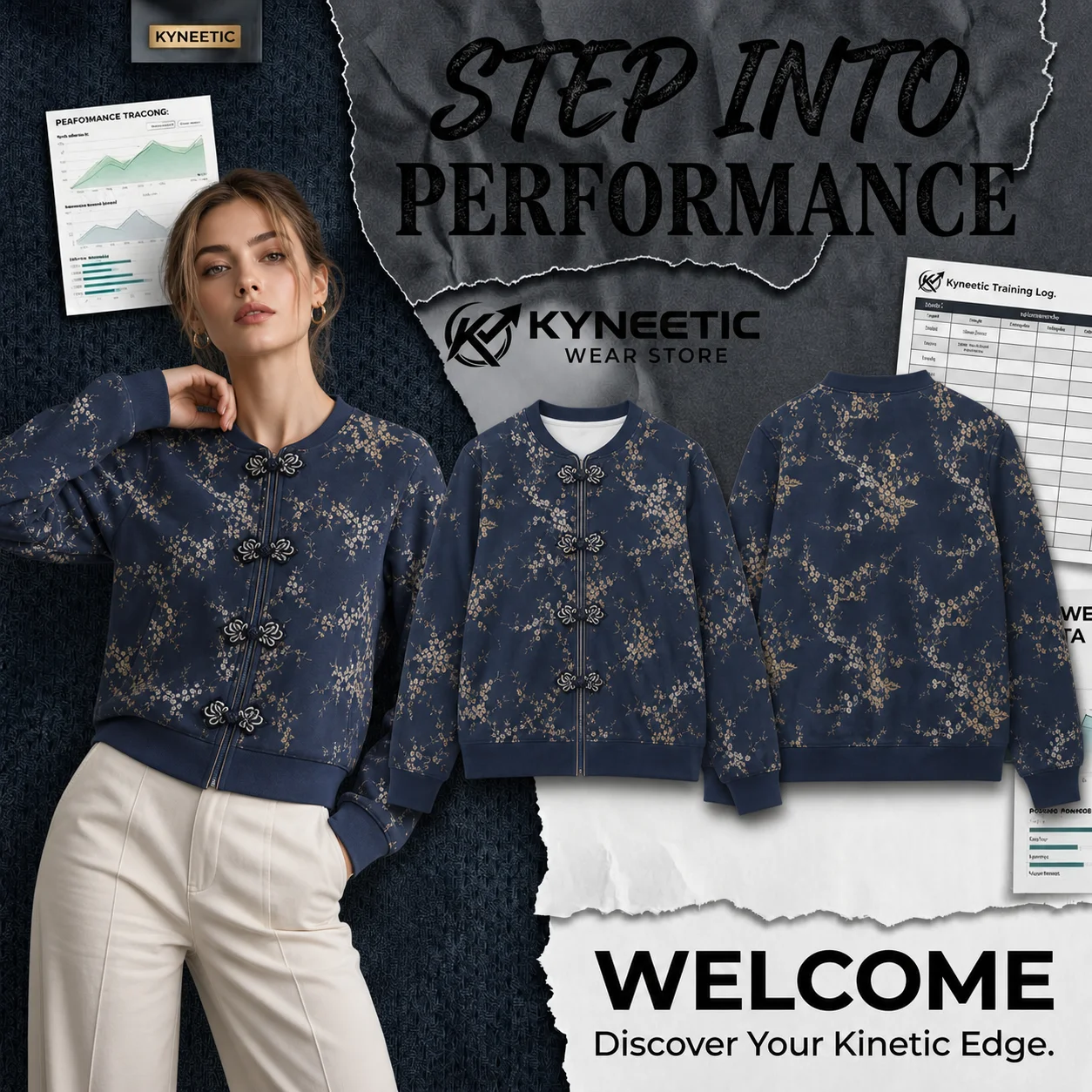 Vintage Chinese Blossom Print Crewneck Sweatshirt Long Sleeve Pullover Parent-Child Spring Festival New Year Matching Clothes
