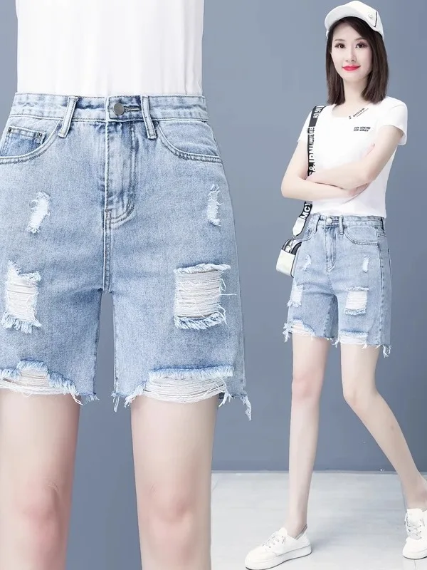 

High Waist Ripped Denim orts Women's Summer Thin A-Line Loose Slimming Small Size Vintage Wide Leg Mid-Length Pants