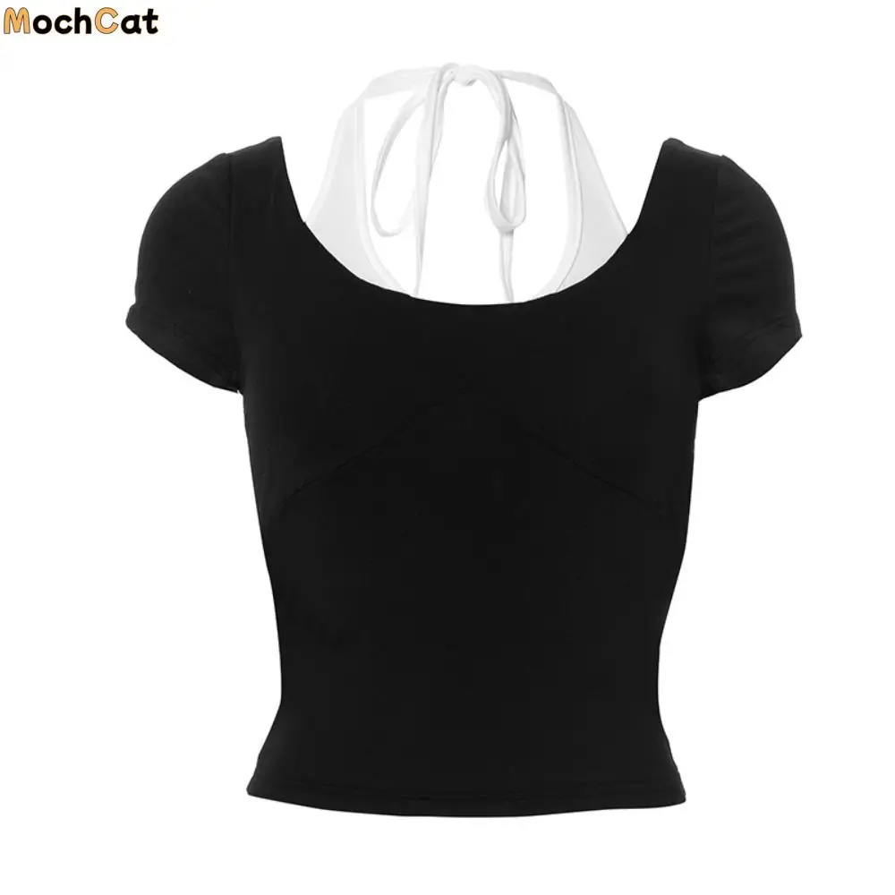 

Y2K Fake Two Pieces Top Spicy Girl Style Bottoming Shirt Slim Halter Crop Top Women Chic Short Sleeve T-shirts Girls