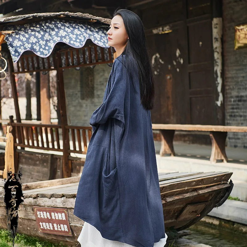 

Spring and Summer Cotton Linen Women's New Artistic Chinese Style Zen plus Size Stone Washed Overcoat Coat