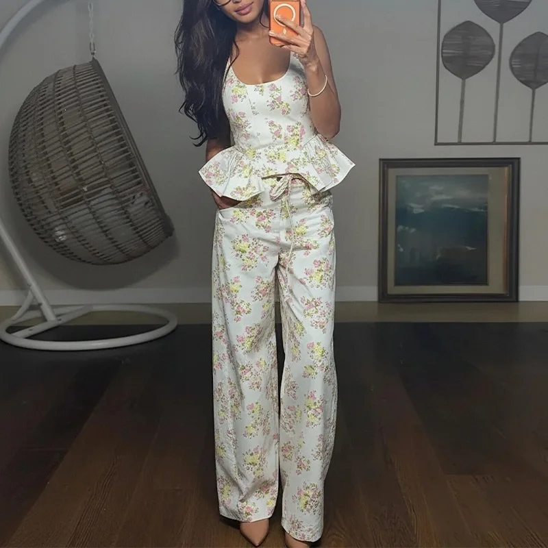 Summer Women Outfit Print Slim Tops Tank Tops Straight Pants Ruffled Vacation Design Clothing Casual Suits Y2k Clothes Pants Set
