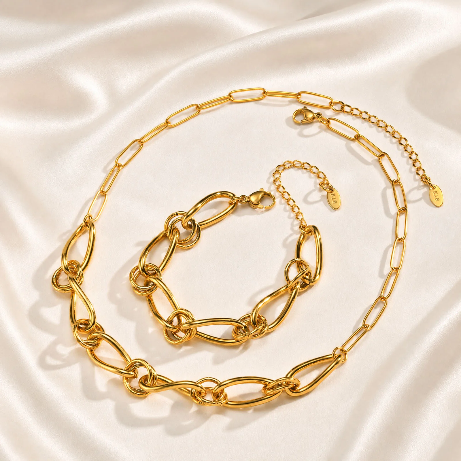 Pulsera de Eslabones Geométricos Gruesos para Mujer, Cadena de Acero Inoxidable Chapada en Oro de 18K, Joyería Ajustable de Impacto