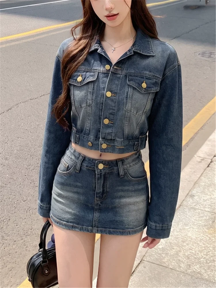 Retros Chic Street Style Blue Denim 2 Pieces Sets 2026 New Fall 2pc Long Sleeve Short Jacket Coat&Super Mini Pencil Skirt Suits